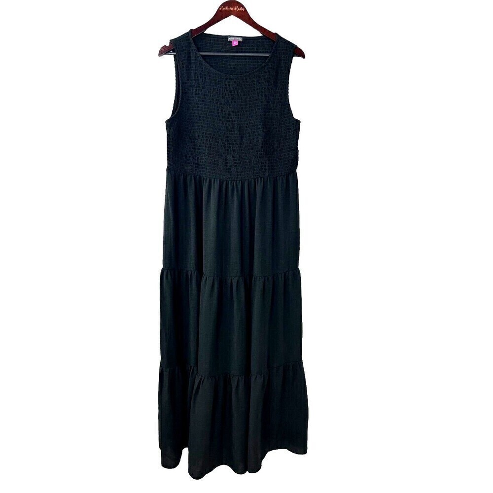Vince Camuto Womens Size XL Maxi Black Dress Smocked Tiered‎ Crinkle Gauze U4